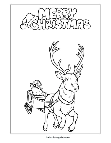 Christmas Reindeer Coloring Page With Sleigh, Antlers, And Merry Christmas Text.