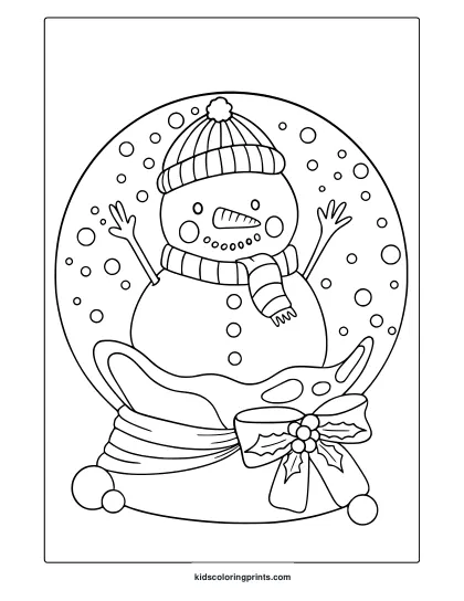 Christmas Snow Globe Coloring Page Featuring Snowman, Holly Bow, And Falling Snowflakes.