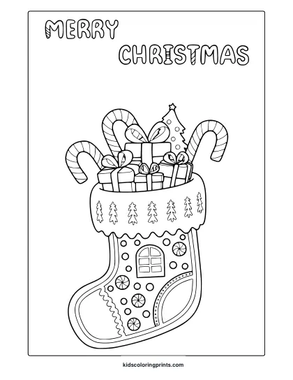 Christmas Stocking Coloring Page With Gingerbread House Design And Candy Canes.