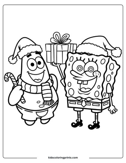 Spongebob And Patrick Celebrate Christmas Together In This Holiday-Themed Coloring Page.