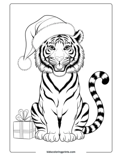 Christmas Tiger Coloring Page With A Cheerful Tiger In A Santa Hat Sitting By A Small, Wrapped Gift.
