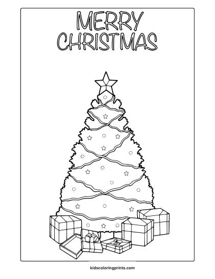 Christmas Tree With Presents Coloring Page Featuring Star Topper And Holiday Decorations.