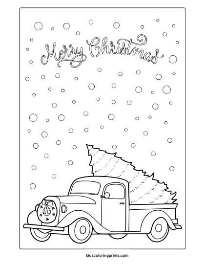 Christmas Truck Coloring Page With Snow Dots, Wreath, And Merry Christmas Text.