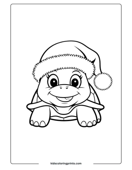 Christmas Turtle Coloring Page With A Santa Hat, Bringing Festive Vibes To A Fun Turtle Illustration.