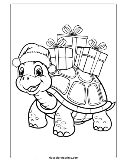 Christmas Turtle Coloring Page With Gift Boxes, Showcasing A Holiday-Themed Turtle With Cheerful Decorations.
