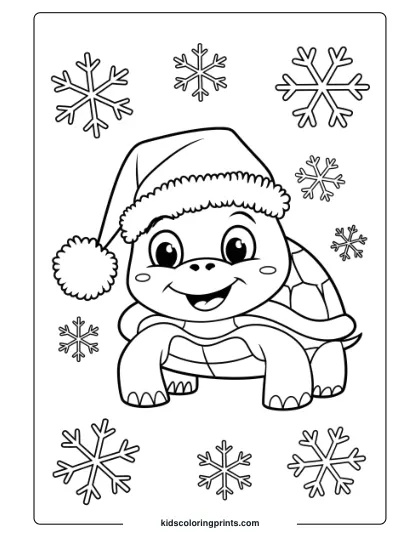 Christmas Turtle Coloring Page With A Santa Hat And Snowflakes, Perfect For A Holiday-Themed Activity.
