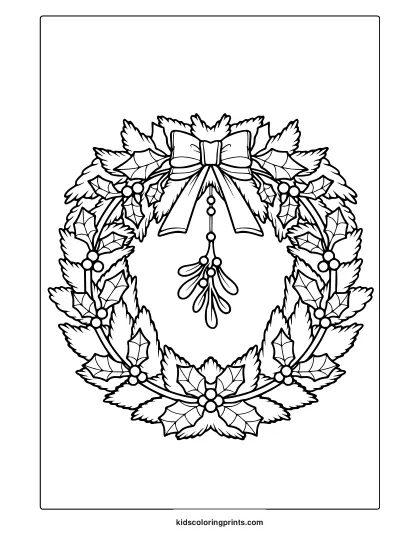 Christmas Wreath Coloring Page With Holly Leaves, Berries, And Mistletoe Details.