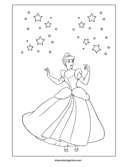 Coloring Page Of Cinderella Dancing In A Ball Gown With Stars Above And Flowing Dress Details.