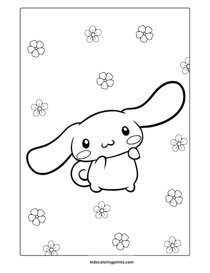 Cinnamoroll Coloring Page With Soft Decorative Background Including Stars, Hearts And Flowers.