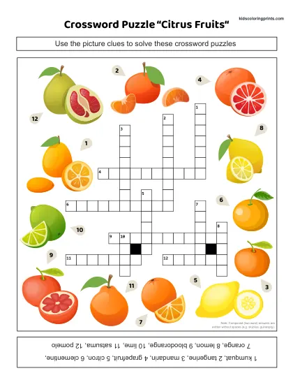 Free Printable Citrus Fruits Crossword Puzzle With Colorful Clues.
