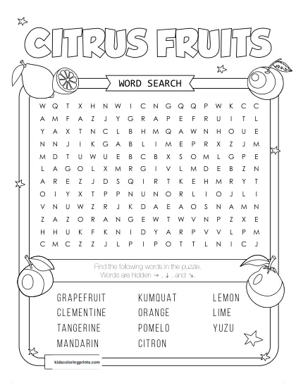 Free Printable Citrus Fruits Word Search Puzzle With 11 Words From Orange To Lemon.