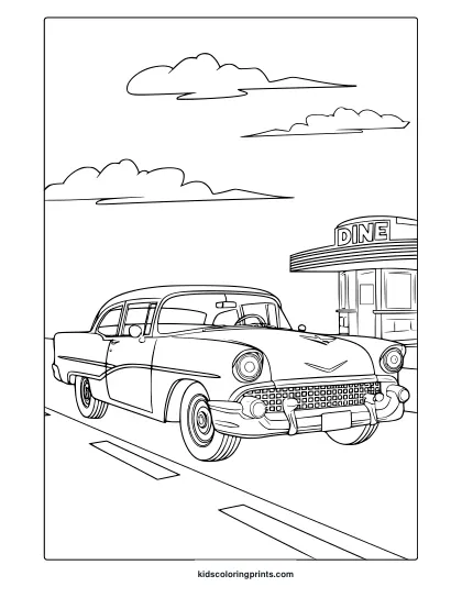 A Classic Car In Front Of A Retro Diner, A Charming Vintage Car Coloring Page.