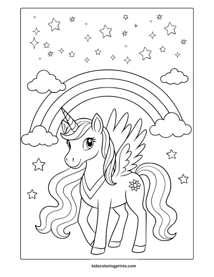 Classic Unicorn With Wings And Flower Symbol Under Rainbow And Stars In A Magical Coloring Page.