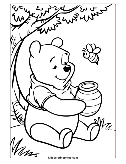 Serene Winnie The Pooh Coloring Page With A Honey Pot Under A Tree.