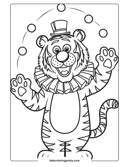 Circus Tiger Coloring Page Showing A Tiger In Clown Attire, With Raised Paws And Balloons.