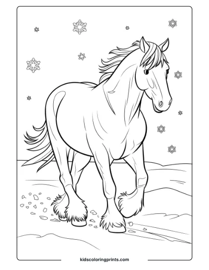 A Powerful Clydesdale Horse In Snow, With Snowflakes Falling, Perfect For A Winter Coloring Page.