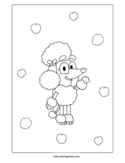 Coco From Bluey Coloring Page Showing A Cheerful Poodle With Clouds In The Background.