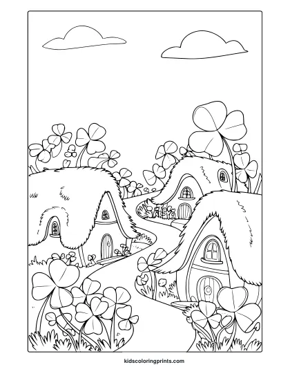 A Cozy Village Scene With Houses, Lush Clovers, And Fluffy Clouds In A Black-And-White March Coloring Page.