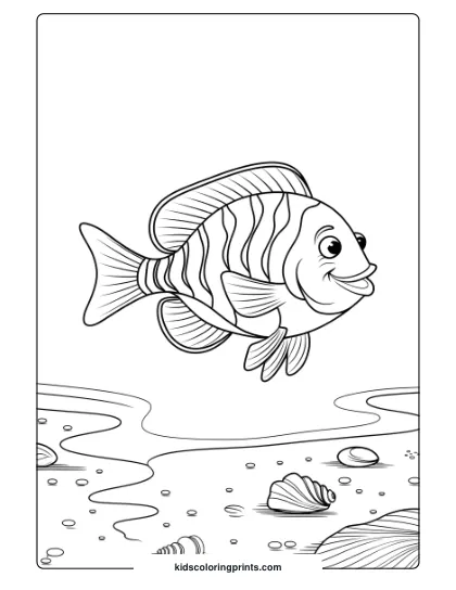 A Patterned Fish Explores A Sandy Bay With Scattered Shells, Perfect For Adding Vibrant Colors In This Underwater Scene.