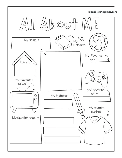 Interactive All About Me Worksheet For Boys To Fill In Name, Hobbies, And Favorite Things.
