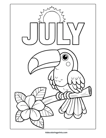 Toucan Coloring Page With July Text, Sun, And Plumeria Flowers For A Tropical Summer Feel.