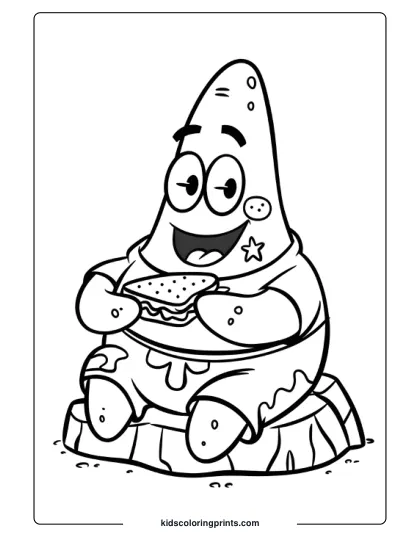 Patrick Star Is Enjoying A Sandwich In This Fun Coloring Page For Kids.