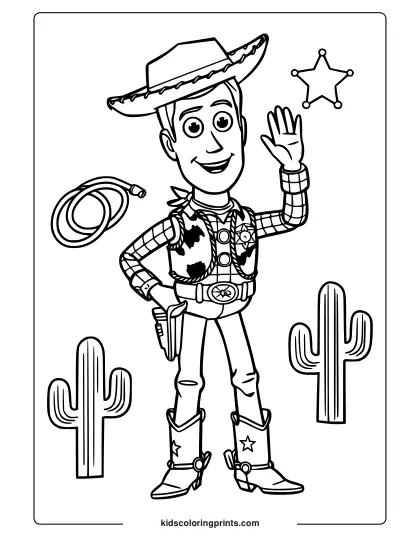 A Toy Story Woody Coloring Page Showing The Cowboy Waving With Cacti, A Lasso, And A Star Badge In A Western-Themed Setting.