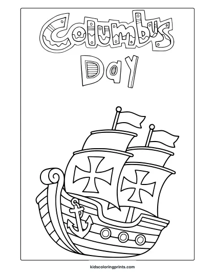 Columbus Day Ship Coloring Page With Caravel, Sails, And Anchor.