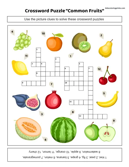 Free Printable Common Fruits Crossword Puzzle For Kids.
