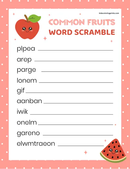 Free Printable Common Fruits Word Scramble For Learners Of All Ages To Practice Fruit Names.