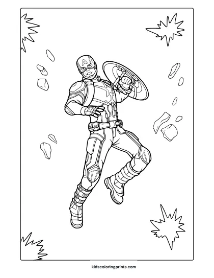 Cool Captain America Coloring Page In Leaping Combat Pose With Starburst Effects And Tactical Gear.