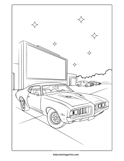 A Vintage Muscle Car At A Drive-In Theater, Perfect For A Cool Car Coloring Page.
