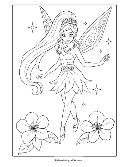 Cool Fairy Coloring Page With Rose Crown, Layered Dress, And Stars.