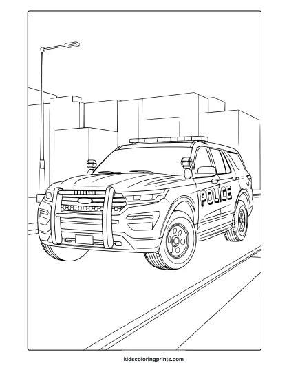 A Police Suv On A City Street With Buildings And Streetlights, Great For A Cop Car Coloring Page.