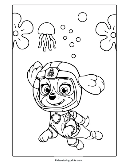 Coral From Paw Patrol In An Underwater Setting With Bubbles And Sea Life, On A Cleanly Outlined Coloring Page.