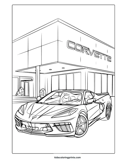 A Modern Corvette Sports Car In Front Of A Dealership, An Exciting Corvette Coloring Page.