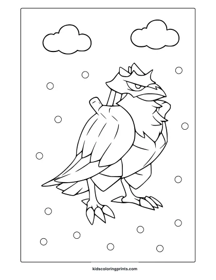Corviknight In A Snow-Dotted Sky With Detailed Feather Line Work On A Clean Pokémon Coloring Page.