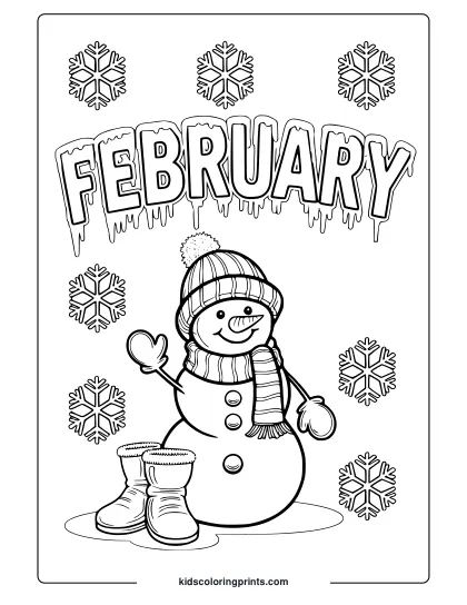 A Cozy Winter Scene With A Snowman And Snowflakes, Ready For February Coloring.