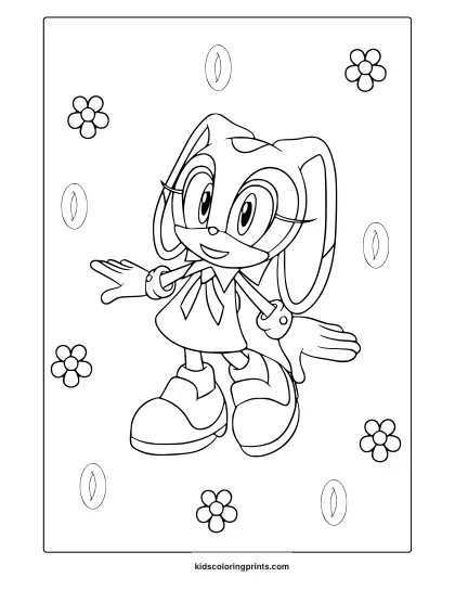 Coloring Page With Cream The Rabbit In Dynamic Pose And Floral Pattern Around.