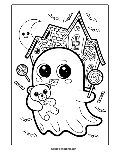 Creepy Kawaii Coloring Page Of A Cute Ghost Holding A Teddy Bear, Set Against A Haunted House With Bats And A Crescent Moon.
