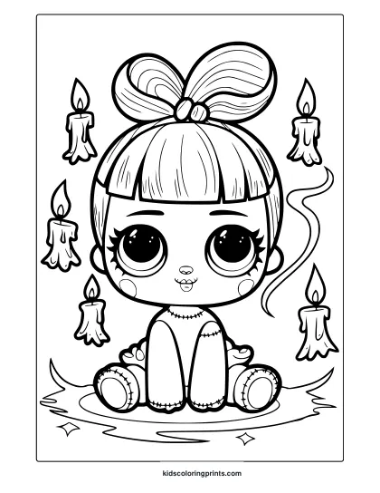 Creepy Kawaii Doll Coloring Page With A Cute Doll Sitting Among Floating Candles, Creating A Mix Of Spooky And Sweet Vibes.
