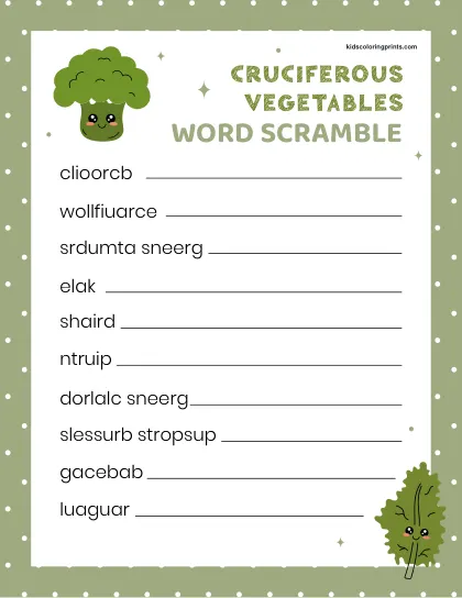 Free Printable Cruciferous Vegetables Word Scramble For Learners Who Enjoy Brain Teasing Puzzles.