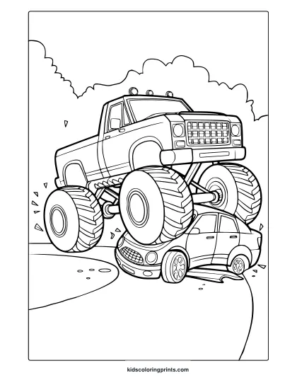 Monster Truck Crushing A Car On The Road, Action Packed And Bold Coloring Page With Debris And Clouds.