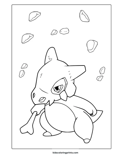 Cubone In A Side View With Rocks Floating On A Clean-Lined Pokémon Coloring Page.