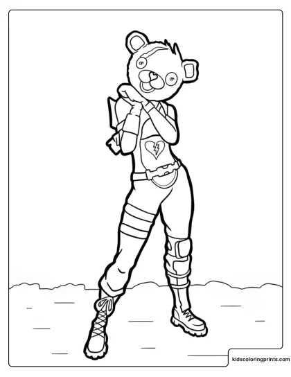 Cuddle Bear From Fortnite Coloring Page With Hands Under Chin And Bent Knee Pose