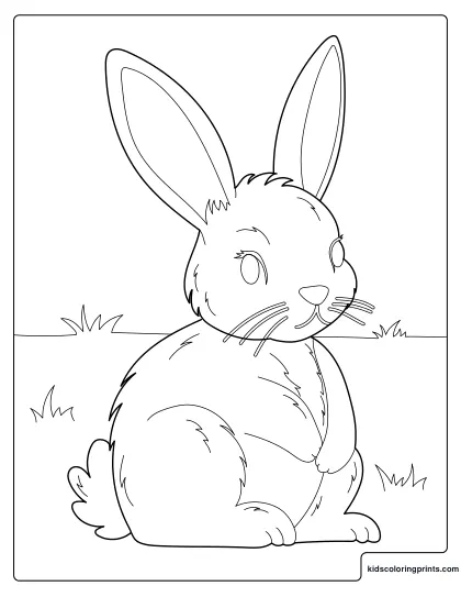 Bunny Coloring Page Showing A Fluffy Rabbit Sitting On The Grass.