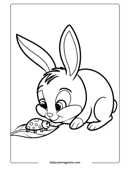 Coloring Page Of A Bunny Sniffing A Ladybug, Creating A Sweet Nature Scene Perfect For Children.
