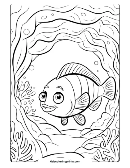 A Striped Fish With Wide Eyes Swims Near A Coral Cave, Accompanied By Bubbles And Coral Formations In This Detailed Underwater Coloring Page.