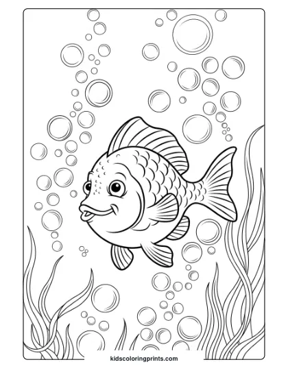 A Curious Fish Interacts With Bubbles Underwater, Making For A Playful And Lively Coloring Page