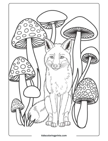 Fox Coloring Page With A Fox Surrounded By Mushrooms, Creating A Charming, Fairy-Tale-Like Woodland Scene.